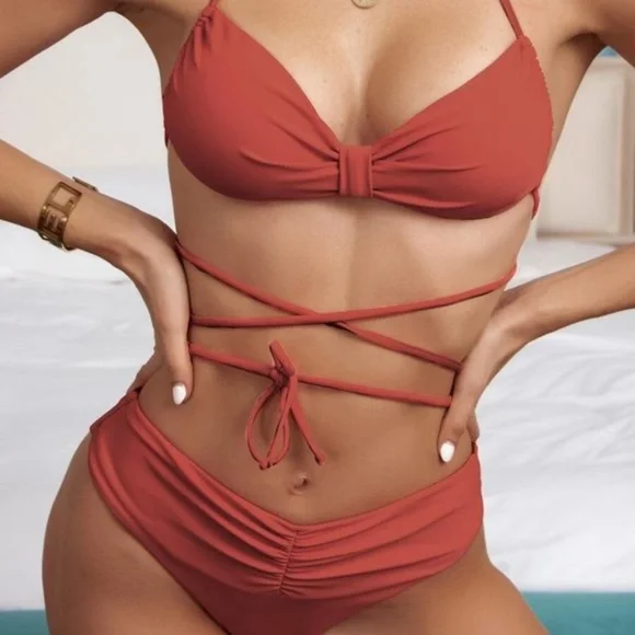 Boho Dark orange Lace up Wrap Bikini Swim Beach - Picture 2 of 4